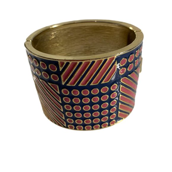 Banana Republic Cuff Bracelet Hinge Navy Blue Pink Enamel Stripe Dots 2" Wide - Picture 1 of 7